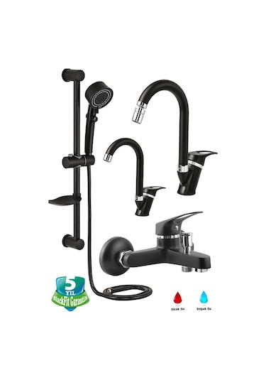 Novahub Siyah Duş Seti Pervaneli Duş Başlığı Duş Çeşmesi Baston Boru Lavabo Mutfak Bataryası Siyah Siyah