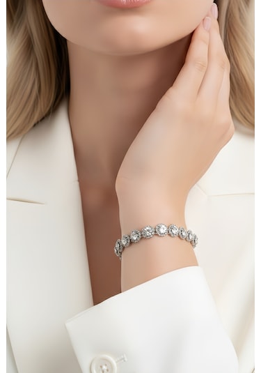 Eva Takı Store Çiçek Model Elmas Görünümlü Silver Renk Bileklik Gümüş