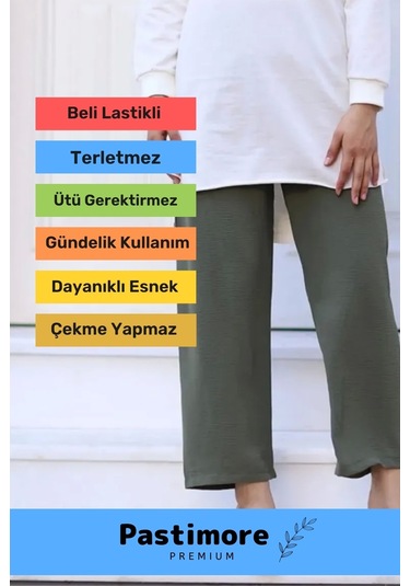 Terletmez Rahat Kalıp Beli Lastikli Bol Paça Salaş Yazlık Kadın Haki Aerobin Pantolon Haki