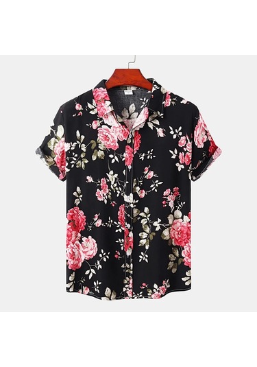 Snapbuy Erkek Yaz Çiçek Kısa Kollu Hawaii Gömlek Slim Fit Plaj Bluzaltın Altın