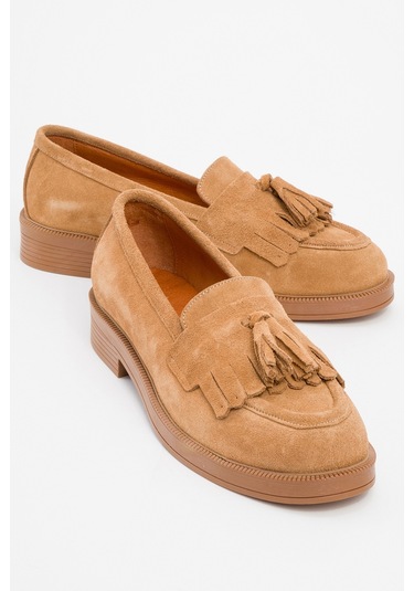 Milina Toprak Süet Püsküllü Hakiki Deri Kadın Loafer Ayakkabı Toprak