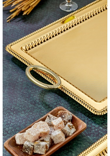 Cooker 2'li Özel Seri Dikdörtgen Model Lüx Metal Çay Sunum, Nişan Tepsisi 35x25 Ve 44x32 Cm Altın