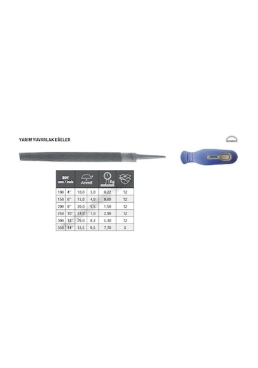 Tome Saplı Yarım Yuvarlak Eğe Kalın Diş 300mm