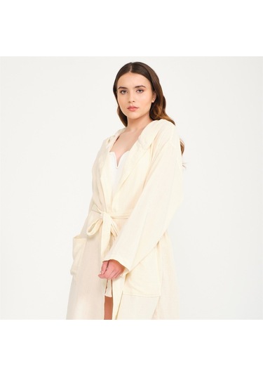 Unisex Kapüşonlu Uzun Müslin Bornoz-Bej