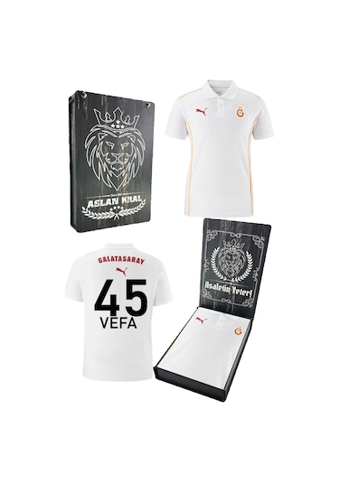 Galatasaray Lisanslı A-takım Lazer Kutulu Kişiye Özel Polo Yaka Beyaz T-shirt Beyaz