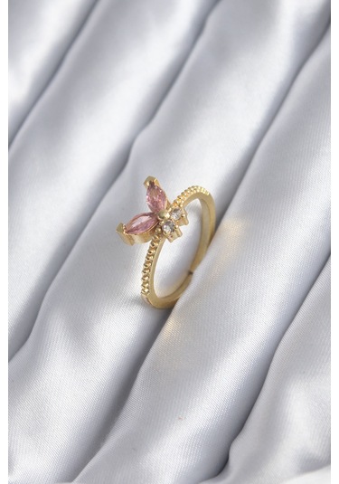 Nova Bazaar Gold Renk Pembe Zirkon Taşlı Kelebek Model Kadın Yüzük Çok Renkli