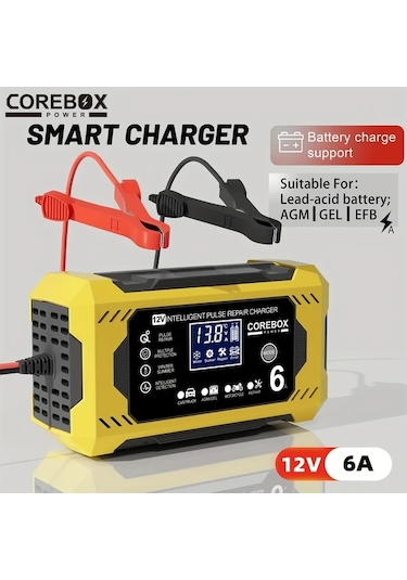Chuangyinshop Red 12v 6a Corebox Akıllı Akü Şarj Cihazı Lcd Ekran Araç Kamyonet Motosiklet Aküsü