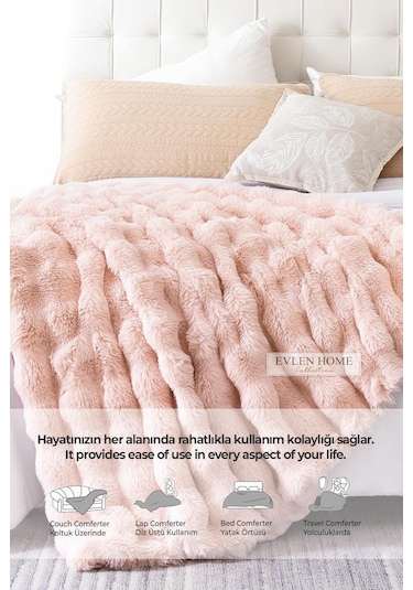 Evlen Home Kürk Yatak Örtüsü Çift Kişilik Dolgulu Peluş Yumuşak Çift Taraflı Yorgan 3 Parça Loria Pudra