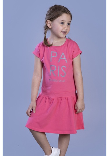 Toontoy Kız Çocuk Reflektör Baskılı Elbise Fuşya