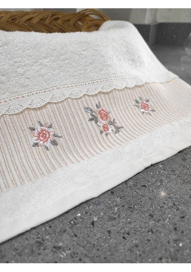 %100 Pamuk & Nakışlı Havlu Takımı - 2'li Dantelli Havlu Seti - 40x60 Cm Somon Somon