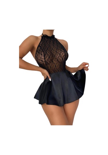 Nightlight Kadın Siyah Dantelli Kısa Saten Tül Gecelik 3143 Siyah