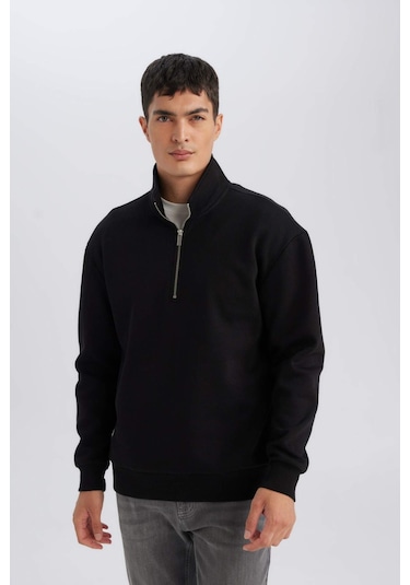 DeFacto Siyah 3 İplik Pamuklu Şardonlu İçi Polarlı Comfort Regular Fit Rahat Kalıp Dik Yaka Fermuarlı Kalın Sweatshirt D9067AXNSBK81