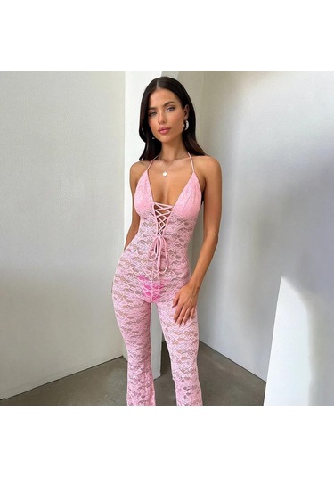 Lace Jumpsuit With Skinny Flared Legs Pink Pembe
