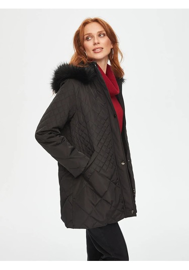 Faik Sönmez Kürk Kapüşonlu Kapitone Kadın Kaban B00041 Siyah