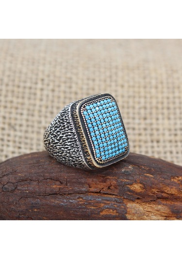 Mikro Firuze Taşlı 925 Ayar Gümüş Erkek Yüzüğü Gümüş
