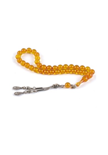 Sıkma Serisi Sarı Kehribar Tesbih Metal Püsküllü Tesbih Küre Kesim