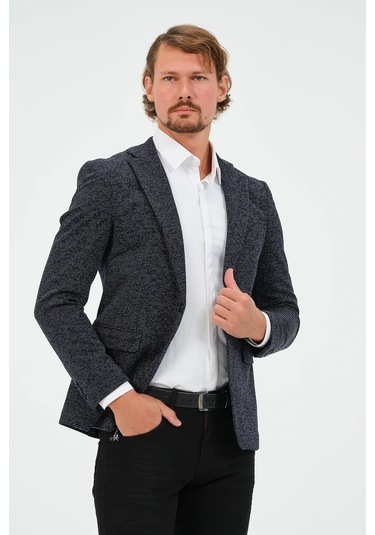 Bonesti Erkek Slim Fit Blazer Ceket Lacivert Desenli