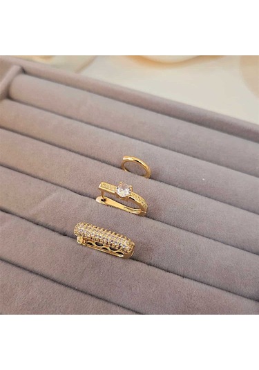 Tektaş Model Üçlü Çelik Küpe Altın