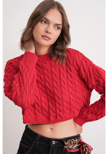 6863 Kadın Saç Örgülü Crop Triko Kazak Kırmızı Kırmızı