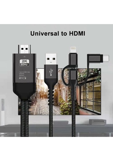 Novahub 3'ü 1 Arada Mikro Usb Type-c 8 Pin - Hd Tv Kablosu Siyah