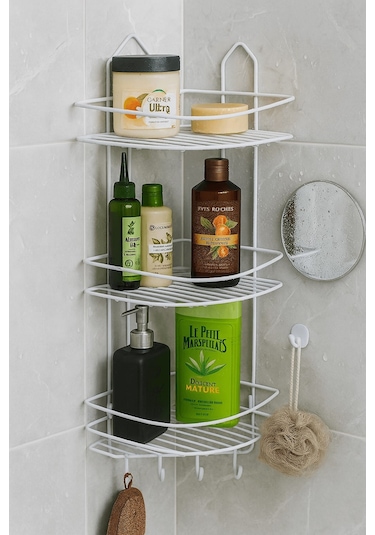 Paslanmaz Beyaz Yapışkanlı Banyo Köşeliği Düzenleyici, Şampuanlık, Duş Rafı 3 Katlı - 4 Kancalı - Ek-03 Beyaz