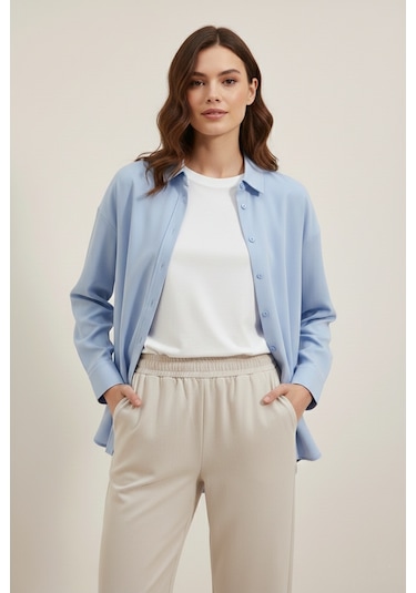 Yxc Trend Maker Oversize Uzun Basic Bayan Keten Gömlek Mavi
