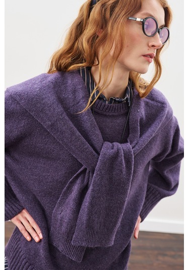Kare Yaka Bağlamalı Triko Atkı Mor Mor
