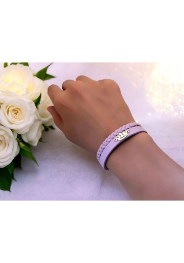 Archin Defne İsmine Özel Taç Figürlü 14 Ayar Altın Plakalı Doğal Mor Derili Hediye Bileklik-637isim Defne