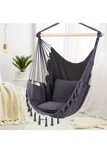 Gri Püsküllü Halat Hamak Sandalye