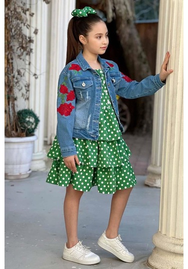 Riccotarz Kız Çocuk Çiçek Baskılı Kot Ceket Puantiyeli Kat Kat Piliseli Yeşil Elbise 001