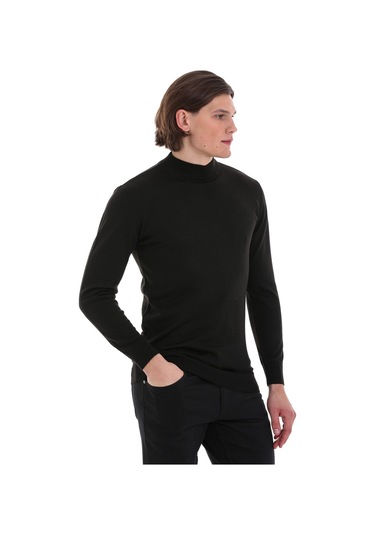 Hatemoğlu Siyah Regular Fit Düz Yarım Balıkçı Yaka Yünlü Triko Kazak Siyah