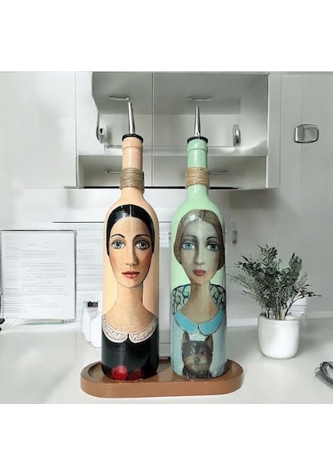 Kadın Desenli 750 Ml Zeytinyağı Sıvıyağ Şişesi Yağdanlık Yağlık Sirkelik Sosluk 2'li Set 56889110 Çok Renkli