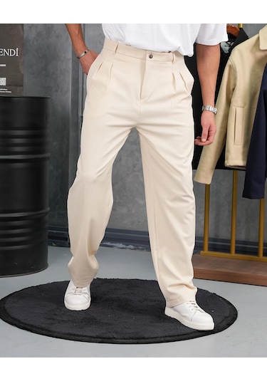 Modefendi Baggy Kalıp Pile Detaylı Kumaş Pantolon Bej