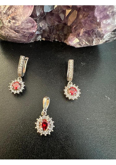 Lal Ve Zirkon Taşlı Gümüş Set Takım 925 Ayar 7,55 Gram