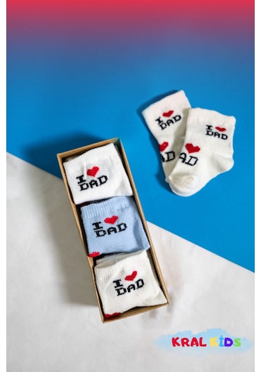 6 Çift Erkek Bebek Çorap Kutulu Patik Boy I Love Dad Desenli, Pamuklu MAvi