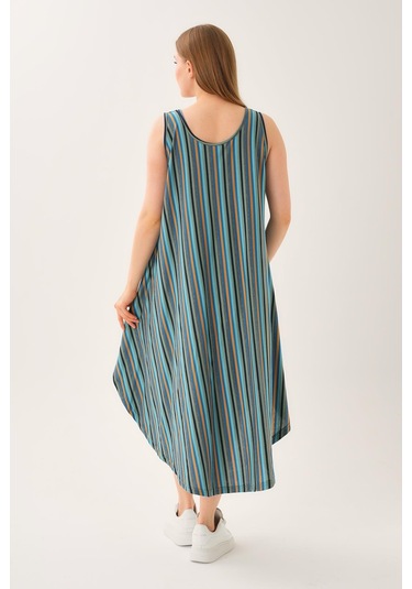 Asimetrik Kesim Çizgili Kolsuz Elbise Yeşil
