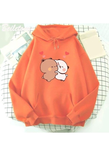 Turuncu Kawaii Hoodie Panda Ayı Karikatür Bubu Dudu Baskı Kız Büyük Boy Kazak İlkbahar/sonbahar Açık Mavi Uzun Kollu Cep Tops Turuncu
