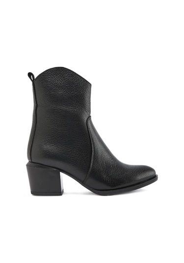 Hakiki Deri Siyah Renk Fermuarlı Kalın Topuk Sivri Burun Kadın Bot Siyah