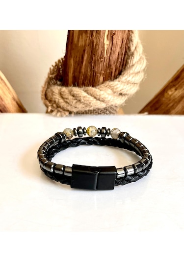 %100 Deri-hematit Kombin Erkek Bileklik Net 21cm Türk El Üretimi Siyah - Gri