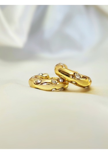 Yarım Halka Zirkon Taşlı Altın Kaplama Gold Renk Çelik Küpe
