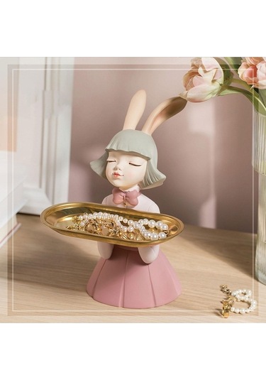 Opulentliving Sunttek Reçine Kız Figürü Dekoratif Kozmetik Tepsi Pembe Gece Kullanımı