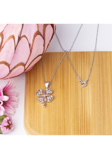 Yonca Model-2 Zirkon Taşlı 925 Ayar Gümüş Kadın Kolye Gümüş - Rodyum