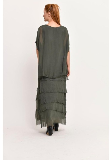 İtalyan 2 Beden İnce Gösteren Yarım Kol Kat Kat Ipek Elbise Koyu Haki