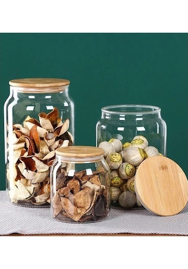 Qerhome Vakumlu Bambu Kapaklı Cam Erzak Kavanozu 1 Adet 4 Litre Şeffaf