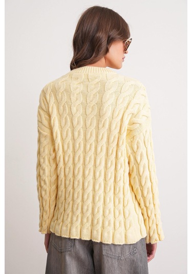 6973 Kadın Saç Örgülü Regular Basic Triko Kazak Pastel Sarısı Pastel Sarısı