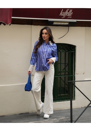 Kadın Kol Ve Yaka Vintage Detaylı Gömlek Indigo