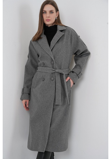 Kadın Kuşaklı Kaşe Kaban 9161 - Gri Gri