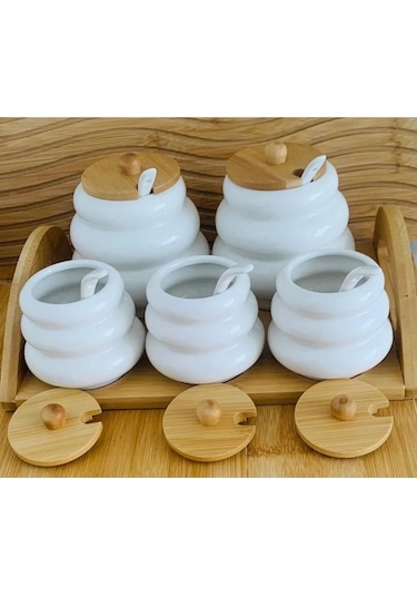 Qerhome Bambu Standlı Porselen 5'li Baharatlık Cmr ŞEffaf
