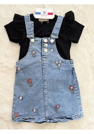 Çiçek Baskılı Badili Salopet Elbise Mavi