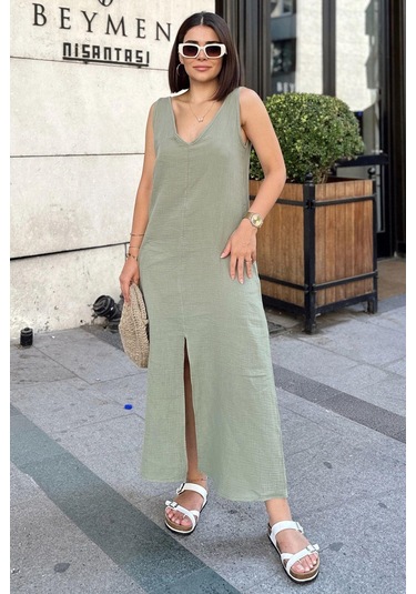Haki Askılı İthal Müslin Kumaş, Önü Ve Arkası V Yaka, Önden Yırtmaçlı, Maksi/uzun Salaş Elbise Haki